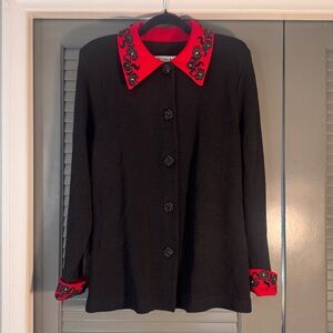 Vintage Leslie Needham Black Knit Cardigan with Embroidered Collar